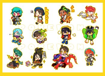 Rule 34 | > <, 3boys, 6+girls, absurdres, anger vein, blue eyes, blue hair, border, brown hair, carmine (pokemon), clodsire, commentary, commentary request, cosplay, crispin (pokemon), dendra (pokemon), florian (pokemon), food, full body, gen 2 pokemon, gen 9 pokemon, glasses, grid teeth, grusha (pokemon), hairband, happy, highres, juliana (pokemon), kieran (pokemon), koraidon, kui kui jiang, master ball, multiple boys, multiple girls, neckerchief, necktie, nemona (pokemon), nintendo, ogerpon, ogerpon (cosplay), open mouth, orange eyes, orange necktie, outline, pawmot, penny (pokemon), plate, poke ball, pokemon, pokemon (anime), pokemon horizons, pokemon sv, ponytail, poverty, red eyes, rika (pokemon), rock, sandwich, sigh, spinel (pokemon), sprigatito, squatting, submarine sandwich, suspenders, tripping, tulip (pokemon), umbreon, yellow border, yellow eyes, yellow hairband, yellow neckerchief, yellow outline