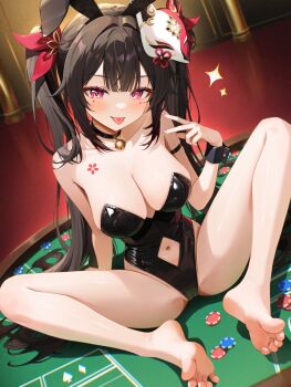 1girl alternate_costume animal_ear_hairband animal_ears bare_shoulders barefoot bell black_choker black_collar black_hair black_leotard black_wrist_cuffs blush breasts brown_hair casino choker circle_facial_mark cleavage clothing_cutout collar collarbone crotch_seam double-parted_bangs fake_animal_ears feet fingernails flower_tattoo fox_mask hair_between_eyes hairband hand_up highleg highleg_leotard highres honkai:_star_rail honkai_(series) large_breasts leotard long_hair looking_at_viewer mark_under_both_eyes mask mask_on_head nail_polish navel navel_cutout neck_bell on_table pink_eyes playboy_bunny poker_chip poker_table rabbit_ear_hairband rabbit_ears radoremo revision sitting smile soles solo sparkle_(honkai:_star_rail) spread_legs stomach_cutout strapless strapless_leotard table tattoo thighs toes tongue tongue_out twintails v very_long_hair wrist_cuffs
