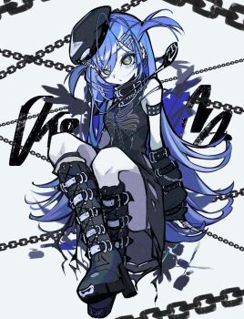 1girl aqua_eyes arm_warmers armlet belt_boots beret black_boots black_hat black_shirt blue_hair bone_hair_ornament boots chain closed_mouth expressionless hair_ornament hairclip hat highres jewelry knee_boots lace-up_boots long_hair looking_at_viewer pokimari shirt skeleton_print sleeveless sleeveless_shirt solo torn_clothes torn_shirt two_side_up virtual_youtuber vspo! yano_kuromu yano_kuromu_(1st_costume)