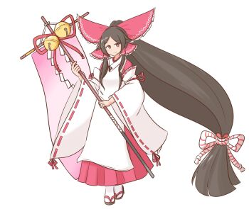 1girl absurdly_long_hair banner battle_standard bell bow chihaya_(clothing) flag frilled_bow frilled_hair_tubes frills full_body gensokyo's_first_hakurei_miko gohei hair_bow hair_tubes highres holding holding_banner holding_gohei huge_bow japanese_clothes kosode large_bow long_hair long_sleeves looking_at_viewer miko mizusoba red_bow ribbon-trimmed_sleeves ribbon_trim skirt solo standing touhou very_long_hair war_flag white_background wide_sleeves