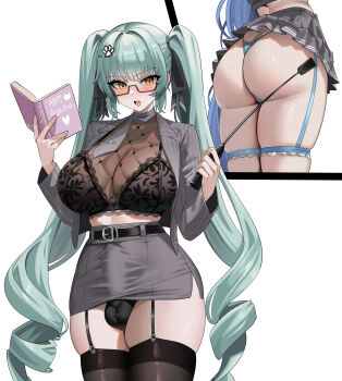 1futa 1girl absurdres aqua_hair arcana_(fortune_mate)_(nikke) arcana_(nikke) ass belt belt_buckle black-framed_eyewear black_belt black_bra black_panties black_ribbon black_thighhighs blue_hair blue_panties blush book bra breasts buckle bulge butt_crack clothes_lift commentary covered_penis covered_testicles cowboy_shot crop_top double_horizontal_stripe drill_hair erection erection_under_clothes fishnet_top fishnets floral_print futanari garter_straps glasses goddess_of_victory:_nikke grey_jacket grey_necktie grey_shirt grey_skirt hair_ornament hair_ribbon hairclip hands_up high-waist_skirt highres holding holding_book holding_riding_crop jacket lace lace-trimmed_bra lace_trim large_breasts long_hair long_sleeves looking_at_viewer lower_body midriff miniskirt multiple_girls necktie official_alternate_costume open_book open_clothes open_jacket open_mouth open_shirt paid_reward_available panties paw_hair_ornament pencil_skirt pinstripe_jacket pinstripe_pattern pleated_skirt print_bra privaty_(nikke) privaty_(sharp_lesson)_(nikke) ribbon riding_crop school_uniform semi-rimless_eyewear shirt side_slit simple_background skindentation skirt skirt_lift solo_focus standing striped_clothes striped_skirt teacher teeth testicles thigh_strap thighhighs thong tie_clip twin_drills twintails under-rim_eyewear underwear upper_teeth_only very_long_hair white_background wujack yellow_eyes