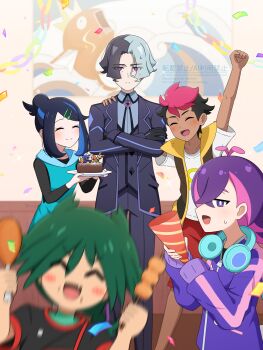 2girls 3boys amethio_(pokemon) antenna_hair arm_up black_hair black_jacket black_pants black_shirt black_vest blurry blurry_foreground bright_pupils brown_vest closed_eyes closed_mouth collared_shirt commentary_request confetti crossed_arms dot_(pokemon) gen_1_pokemon grey_shirt hair_ornament hairclip headphones headphones_around_neck highres holding holding_plate hood hooded_vest hoodie indoors jacket kinoneko_(ekakenaisan) liko_(pokemon) magikarp multiple_boys multiple_girls nintendo open_clothes open_jacket open_vest pants photobomb plate pokemon pokemon_(anime) pokemon_horizons purple_eyes purple_hair purple_jacket red_shorts roy_(pokemon) shirt short_hair short_sleeves shorts standing sweatdrop swept_bangs t-shirt ult_(pokemon) vest white_pupils white_shirt zipper_pull_tab