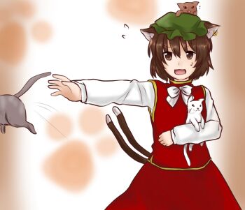 1girl animal animal_ears animal_on_arm animal_on_head bow bowtie brown_eyes brown_hair cat cat_ears cat_on_head chen dress ear_piercing green_hat hair_between_eyes hat holding holding_animal holding_cat jumping koto_(shiberia39) long_sleeves looking_to_the_side mob_cap multiple_tails on_head open_mouth paw_print paw_print_background piercing reaching reaching_towards_another red_dress shirt short_hair simple_background solo spoken_sweatdrop sweatdrop tail touhou two_tails white_bow white_bowtie white_shirt