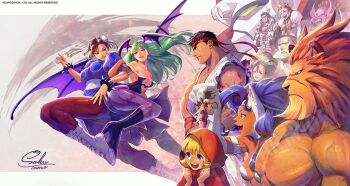 Rule 34 | 6+boys, 6+girls, animal ears, animal hands, animal print, ass, b.b. hood, bat print, bat wings, beard, big hair, black hair, blodia, blonde hair, blue dress, blue hair, boots, bracelet, breasts, bridal gauntlets, brown hair, btx-02 blodia, bun cover, capcom, capcom fighting collection, cat ears, cat girl, cat paws, cat tail, character request, china dress, chinese clothes, chun-li, claws, cleavage, clothing cutout, colored skin, commentary request, cross-laced footwear, crown, cyberbots, darkstalkers, demon girl, devilot de deathsatan ix, double bun, dougi, dr stein, dress, facial hair, felicia (darkstalkers), fighting game, forehead, fur, green hair, hair bun, hair slicked back, head wings, headband, heart cutout, hibiki dan, high collar, hood, jewelry, jigoku daishi, kasugano sakura, large breasts, leo (warzard), leotard, lion hair, little red riding hood (fairy tale), locked arms, long hair, mecha, mini person, miniboy, monocle, morrigan aensland, multiple boys, multiple girls, pantyhose, pocket fighter, powered gear, print legwear, purple pantyhose, purple wings, red hood, robot, ryu (street fighter), sakutamo, saotome jin, scar, scar on face, scar on nose, school uniform, serafuku, signature, spiked bracelet, spikes, street fighter, tail, third-party edit, third-party source, topless male, variant armor, warzard, white footwear, white fur, wings