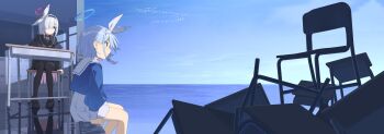 2girls anohito401 arm_at_side arm_support arona_(blue_archive) black_hairband black_pantyhose black_serafuku blue_archive blue_hair blue_halo blue_shirt blue_sky bow bow_hairband chair closed_mouth commentary_request desk evening flock grey_hair hairband halo highres horizon long_sleeves multiple_girls ocean pantyhose pink_halo plana_(blue_archive) profile reflection sailor_collar school_chair school_desk school_uniform serafuku shirt short_hair simple_bird sitting sky white_bow white_hairband white_sailor_collar