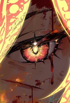 1girl absurdres acryl_(acryl_illust) bleeding blood blood_on_face cuts eye_focus eyelashes fire genshin_impact glowing glowing_eyes highres injury mavuika_(genshin_impact) multicolored_eyes orange_eyes solo symbol_in_eye two-tone_eyes