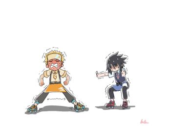 2boys apron artist_name black_hair blonde_hair closed_eyes facial_mark full_body lalako_n_sa male_focus multiple_boys naruto_(series) naruto_shippuuden necktie official_alternate_costume pants roller_skates shirt short_hair skates spiked_hair striped_clothes striped_necktie striped_shirt struggling sweat teeth uchiha_sasuke uzumaki_naruto vest whisker_markings white_background