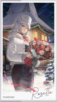 1girl absurdres bouquet character_name commentary copyright_name english_commentary flower grey_hair highres holding holding_bouquet house lamp night night_sky official_art polaroid_photo punishing:_gray_raven rosetta_(pgr) shooting_star short_hair sky solo standing stuffed_animal stuffed_toy teddy_bear viewfinder