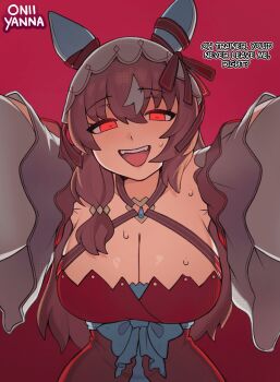 1girl absurdres alternate_breast_size_(larger) animal_ears artist_name bow breasts brown_hair cleavage dress ear_covers ear_ribbon english_text hair_between_eyes highres horse_ears horse_girl looking_at_viewer oniyanna open_mouth outstretched_arms red_background red_dress red_eyes red_ribbon ribbon simple_background smile solo still_in_love_(scarlet_vow_raiment)_(umamusume) still_in_love_(umamusume) sweat teeth umamusume upper_teeth_only veil white_hair white_streaks white_veil yandere