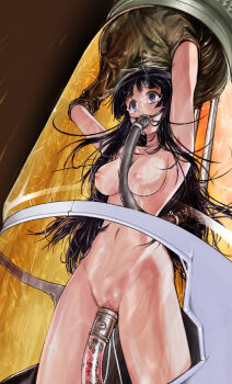 1girl akiyama_mio arms_up automated_reproduction bdsm between_breasts black_eyes black_hair blush bondage bound breasts bubble collage_(artist) cowboy_shot feeding female_focus force-feeding implantation in_container artificial_insemination intubation k-on! large_breasts long_hair machine medium_breasts navel nipples nude oxygen_mask pipelining pussy restrained solo stasis_tank tube uncensored underwater