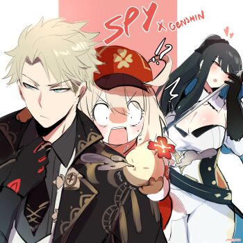 1boy 2girls absurdres adjusting_clothes adjusting_necktie ahoge anya_(spy_x_family) belt black_coat black_gloves black_hair black_necktie black_shirt blonde_hair blouse breasts newsboy_cap cleavage coat cosplay diluc_(genshin_impact) diluc_(genshin_impact)_(cosplay) dodoco_(genshin_impact) forehead genshin_impact gloves green_eyes hat heart highres holding holding_weapon jean_(genshin_impact) jean_(genshin_impact)_(cosplay) klee_(genshin_impact) klee_(genshin_impact)_(cosplay) kurenaiz_(kuayrenaiz) large_breasts multiple_girls necktie pants ponytail red_eyes red_headwear shirt short_hair spy_x_family surprised twilight_(spy_x_family) v-shaped_eyebrows weapon white_pants yor_briar