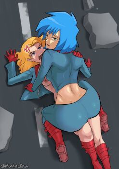 2girls absurdres all_fours anger_vein annoyed artist_name ass back blonde_hair blue_eyes blue_hair blue_pants boots breasts cropped_jacket embarrassed eyebrows feet_out_of_frame female_focus from_above from_behind full_body girl_on_top gloves green_eyes hand_on_another&#039;s_shoulder highres jacket kappa_mikey legs_together lily_(kappa_mikey) long_hair looking_at_another looking_at_viewer looking_back lying medium_breasts medium_hair mitsuki_(kappa_mikey) monke_brush multicolored_jacket multiple_girls nickelodeon nipples on_back open_clothes open_jacket open_mouth outdoors pants red_footwear red_gloves red_jacket spread_legs teeth two-tone_jacket wavy_mouth