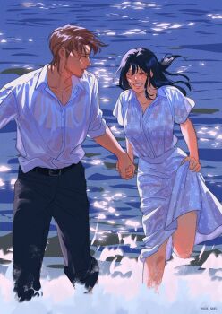 Rule 34 | 1boy, 1girl, beard stubble, belt, black belt, black hair, black pants, blue dress, brown hair, closed eyes, collared dress, collared shirt, commentary, couple, day, dress, english commentary, facial hair, facial scar, facing another, floral print, floral print dress, grin, hair between eyes, happy, hetero, highres, holding hands, jean kirstein, leg up, light blush, long hair, mikasa ackerman, ocean, open mouth, outdoors, pants, pants rolled up, print dress, scar, scar on cheek, scar on face, shingeki no kyojin, shirt, shirt tucked in, short hair, short sleeves, sideburns, skirt hold, sleeves rolled up, smile, standing, standing on one leg, stubble, wading, water, weis sen, wet, wet clothes, wet dress, wet shirt, white shirt