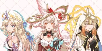 3girls alice_(genshin_impact) bare_shoulders black_dress black_gloves blonde_hair blue_eyes detached_sleeves dress genshin_impact gloves hat hat_ornament headgear heterochromia highres long_hair looking_at_viewer mtsm_078 multiple_girls nicole_reeyn parted_lips pointy_ears red_dress red_eyes red_sleeves rhinedottir_(genshin_impact) smile symbol-shaped_pupils upper_body veil watermark white_dress white_hat white_veil yellow_eyes