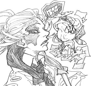 Rule 34 | 2boys, english text, gachiakuta, highres, japanese text, monochrome, multiple boys, official art, sketch, tamsy caines, traditional media, urana kei