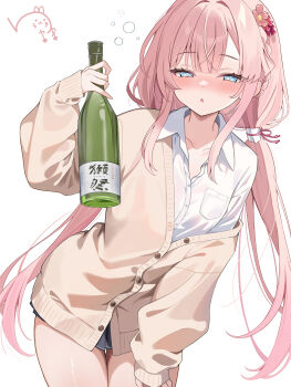 1girl absurdres artist_logo black_skirt blue_eyes blush bottle breast_pocket breasts brown_cardigan buttons cardigan collarbone collared_shirt commentary_request commission drunk flower from_side hair_flower hair_intakes hair_ornament hand_on_own_thigh hand_up highres holding holding_bottle logo long_hair long_sleeves looking_at_viewer low_twintails miniskirt original parted_lips pink_hair pleated_skirt pocket sake_bottle shirt simple_background single_off_shoulder skeb_commission skirt sleeves_past_wrists small_breasts snow-yuuki solo squeans standing thighs twintails very_long_hair white_background white_shirt
