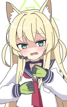 1girl animal_ear_fluff animal_ears black_choker black_sailor_collar blonde_hair blue_archive blush choker clenched_hands commentary disgust fang fox_ears fox_girl furrowed_brow green_eyes green_halo hair_between_eyes hair_intakes halo hands_up kotowa kurumi_(blue_archive) long_hair long_sleeves neckerchief open_mouth red_neckerchief sailor_collar school_uniform serafuku shaded_face shirt sidelocks simple_background slit_pupils solo triangle_halo two_side_up upper_body very_long_hair white_background white_shirt