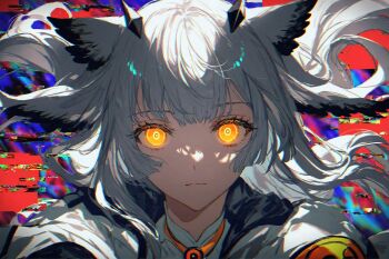 1girl ai-generated arknights bird_girl blank_stare close-up closed_mouth colored_tips commentary english_commentary facing_viewer fuzel7l glitch glowing glowing_eyes hair_wings highres looking_at_viewer multicolored_hair owl_girl ptilopsis_(arknights) shirt upper_body white_hair white_shirt yellow_eyes