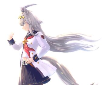 Rule 34 | 1girl, ahoge, animal ears, blue eyes, blue sailor collar, blue skirt, blush, breasts, brooch, clenched hand, closed mouth, commentary request, ear ornament, grey hair, grey tail, hair between eyes, hair ornament, highres, horse ears, horse girl, horse tail, jacket, jewelry, kazuto (tzgp8384), long hair, long sleeves, midriff, multicolored hair, navel, neckerchief, oguri cap (starlight beat) (umamusume), oguri cap (umamusume), pleated skirt, red neckerchief, sailor collar, shirt, simple background, skirt, smile, solo, star brooch, tail, umamusume, white background, white jacket, white shirt