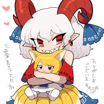 2girls :&lt; animal_ears bare_shoulders blue_dress blue_tabard blush commentary dress earrings expressionless fox_ears fox_girl fox_tail grin hair_between_eyes heart holding holding_mini_person horizontal_pupils horns hug jewelry kasugai_(de-tteiu) kitsune kyuubi medium_hair mini_person multiple_girls multiple_tails pointy_ears red_eyes sharp_teeth sheep_horns smile socks symbol-only_commentary tabard tail teeth touhou toutetsu_yuuma translation_request white_dress white_hair white_socks yakumo_ran