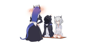 Rule 34 | 1other, 2girls, alternate costume, ambiguous gender, animal ears, apron, arknights, black dress, blue hair, blush, ch'en (arknights), closed eyes, commentary request, doctor (arknights), dragon girl, dragon horns, dragon tail, dress, enmaided, grey hair, highres, hood, horns, long hair, long sleeves, maid, maid headdress, multiple girls, seiza, shirt, short hair, simple background, sitting, srpzk, tail, talulah (arknights), white background, white shirt