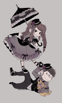 1boy 1girl bad_id bad_pixiv_id cat chibimi dress frilled_dress frills grin hat highres holding holding_umbrella jikuno lolita_fashion matsuno_ichimatsu mini_hat mini_top_hat osomatsu-san osomatsu_(series) ouji_fashion ribbon smile sweatdrop top_hat twintails umbrella