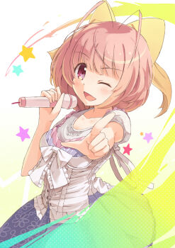 1girl ;d antenna_hair ben-day_dots blue_dress blush bow breasts collarbone commentary_request cowboy_shot dress floral_print floral_print_dress foreshortening gradient_background hair_bow hand_up highres holding holding_microphone kami_nomi_zo_shiru_sekai large_bow light_trail looking_at_viewer looking_to_the_side medium_breasts medium_hair microphone multicolored_dress music nakagawa_kanon one_eye_closed open_mouth outstretched_arm pink_eyes pink_hair pointing pointing_at_viewer print_dress raised_eyebrow screentones short_sleeves simple_background singing smile solo standing star_(symbol) star_symbol_background taoru white_background white_bow white_dress yellow_background yellow_bow