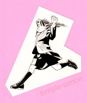 Rule 34 | 1girl, artist name, bow, bowtie, commentary request, from side, full body, greyscale, hands up, hatching (texture), jacket, linear hatching, loafers, medium hair, monochrome, open mouth, original, paper cutout (medium), papercraft (medium), pink background, ponytail, running, school uniform, shoes, skirt, smile, socks, solo, traditional media, unconventional media, zpihr6jprso2r2l