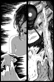 1boy 1girl apron battle bomb_devil_(chainsaw_man) breasts chainsaw chainsaw_man denji_(chainsaw_man) greyscale highres medium_breasts monochrome object_head partially_submerged reze_(chainsaw_man) split_theme wet wet_hair zanki