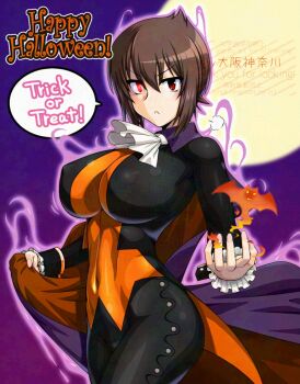 ascot aura breasts brown_eyes cape collar commentary_request cosplay covered_erect_nipples dark_aura darkstalkers demitri_maximoff demitri_maximoff_(cosplay) eyes_visible_through_hair fire frilled_cuffs frills full_moon girls_und_panzer hair_between_eyes halloween highres holding large_breasts looking_at_viewer moon nail_polish nishizumi_maho oosaka_kanagawa orange_cape pink_nails purple_cape purple_collar red_eyes serious short_hair too_many_watermarks two-tone_cape watermark white_ascot