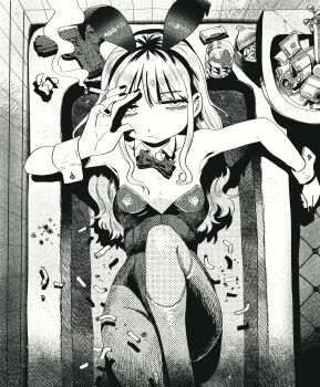 1girl :/ absurdres animal_ears bags_under_eyes bare_shoulders bathroom bathtub bow bowtie breasts cigarette closed_mouth detached_collar fake_animal_ears from_above greyscale gun hair_between_eyes handgun highres holding holding_cigarette in_bathtub indoors leotard long_hair looking_at_viewer lying money monochrome on_back original pantyhose partially_submerged playboy_bunny rabbit_ears small_breasts smoke smoke_trail solo strapless strapless_leotard water weapon wrist_cuffs zinbei