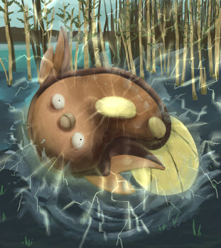 absurdres cloud cloudy_sky day electricity fish full_body gen_5_pokemon highres karura_(to-the-4483) looking_at_viewer nature nintendo no_humans outdoors plant pokemon pokemon_(creature) pokemon_focus sky solo splashing stunfisk water wetland