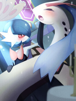 absurdres alternate_color black_dress black_gloves blue_hair blush bob_cut candlestand clarashiina closed_eyes dress elbow_gloves feebas gardevoir gen_3_pokemon gloves hand_on_another's_face highres mega_gardevoir mega_pokemon milotic nintendo open_mouth pokemon pokemon_(creature) ralts shiny_pokemon smile strapless strapless_dress