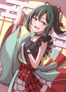 1girl :d black_choker black_gloves black_hair black_shirt blush bow butterfly_choker choker collarbone commentary_request cowboy_shot drop_shadow egasumi fang fingerless_gloves frilled_shirt frilled_skirt frills front_bow ganbarai gloves green_kimono hadanugi_dousa highres itoshiki_yume_yo_izanaite japanese_clothes kimono long_sleeves looking_at_viewer love_live! love_live!_nijigasaki_high_school_idol_club love_live!_nijigasaki_high_school_idol_club_the_movie_-_finale medium_hair mifune_shioriko miniskirt open_kimono open_mouth orange_eyes ponytail red_bow red_sash sash shirt single_fingerless_glove single_glove skirt sleeveless sleeveless_shirt smile solo white_skirt yellow_background