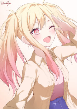 1girl absurdres blonde_hair blue_skirt blush gradient_hair highres jacket long_hair long_sleeves looking_at_viewer multicolored_hair oekkjan official_alternate_costume one_eye_closed open_mouth pink_eyes pink_hair project_sekai shirt short_hair sidelocks skirt smile solo tenma_saki twintails yellow_jacket