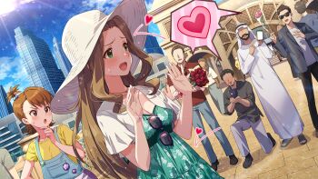 2girls 4boys arabian_clothes beard bouquet breasts brown_hair card_commentary cellphone city cleavage commentary_request day dress dutch_angle eyewear_hang faceless faceless_male facial_hair flower futami_ami game_asset green_dress green_eyes hair_ornament hat heart holding holding_bouquet holding_flower holding_phone idolmaster idolmaster_(classic) idolmaster_million_live! idolmaster_million_live!_theater_days long_hair marriage_proposal multiple_boys multiple_girls nikaido_chizuru official_art outdoors phone red_flower red_rose robe rose side_ponytail smartphone spoken_heart standing star_(symbol) star_hair_ornament sun_hat sunglasses sunlight third-party_source unworn_eyewear white_hat white_robe