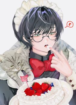 1boy animal animal_on_shoulder black_hair black_shirt bow bowtie cake cat cat_on_shoulder commentary_request crossdressing crossdressing_(mtf) eating food fruit glasses green_eyes hand_up highres long_sleeves looking_down maid maid_headdress male_focus male_maid musical_note open_mouth original red_bow red_bowtie sahi00000 shirt short_hair simple_background solo spoken_musical_note strawberry strawberry_cake swept_bangs upper_body white_background
