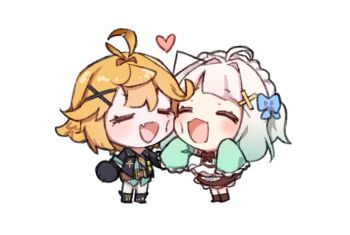 2girls ahoge aqua_dress aqua_shirt black_gloves black_jacket black_shoes blonde_hair cheek-to-cheek chibi closed_eyes dokibird dokibird_(bounty_hunter) dress full_body gloves hair_ornament hairclip heads_together heart indie_virtual_youtuber jacket kaeguri maid_headdress mint_fantome mint_fantome_(minto_2.0) multiple_girls open_mouth pants shirt shoes simple_background sleeves_past_fingers sleeves_past_wrists smile triangular_headpiece virtual_youtuber white_background white_hair white_pants
