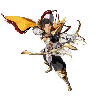 Rule 34 | 1boy, armor, armored boots, arrow (projectile), black pants, black tunic, boots, bow (weapon), brown hair, cape, claude von riegan, claude von riegan (almyra's king) (resplendent), claude von riegan (timeskip), closed mouth, commentary, dark-skinned male, dark skin, dd (vktr4837), english commentary, epaulettes, fighting stance, fire emblem, fire emblem: three houses, fire emblem heroes, full body, gloves, green eyes, holding, holding arrow, holding bow (weapon), holding weapon, looking at viewer, male focus, nintendo, official alternate costume, official art, one eye closed, pants, short hair, shoulder armor, simple background, single epaulette, smile, solo, third-party source, tunic, weapon, white background, white cape, white gloves, white tunic, yellow cape