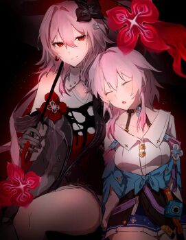 2girls bra_strap breasts buttons camera choker closed_eyes commentary dress dual_persona earrings evernight_(honkai:_star_rail) evey_(honkai:_star_rail) flower fuahina hair_ornament hairclip holding holding_umbrella honkai:_star_rail honkai_(series) jewelry layered_dress looking_at_viewer march_7th_(honkai:_star_rail) march_7th_(preservation)_(honkai:_star_rail) medium_breasts multiple_girls off-shoulder_jacket off_shoulder parallel_hairclips pink_hair red_eyes shirt single_earring skirt strap thighs umbrella
