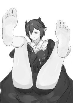 1girl absurdres arknights barefoot entelechia_(arknights) feet feet_up highres looking_at_viewer medium_hair monochrome parted_lips pointy_ears sixu soles toes