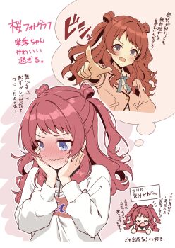 1girl blazer blue_eyes blue_ribbon blush brown_hair brown_jacket commentary_request cropped_torso embarrassed fingernails flashback full-face_blush gakuen_idolmaster hanami_saki hands_on_own_cheeks hands_on_own_face hatsuboshi_gakuen_school_uniform highres idolmaster jacket long_hair looking_ahead multiple_views neck_ribbon nueco pointing pointing_at_viewer ribbon school_uniform shirt speech_bubble sweatdrop thought_bubble translation_request two_side_up upper_body wavy_mouth white_jacket white_shirt