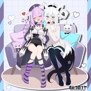 2girls :d ahoge animal_ear_fluff animal_ears artist_name beret black_coat black_hat black_pantyhose black_shorts blue_eyes blush breasts cat_ears cat_girl cat_tail character_doll cleavage cleavage_cutout closed_eyes clothing_cutout club_(shape) coat commentary_request couch doll fox_ears fox_girl fox_tail frilled_skirt frills green_skirt handheld_game_console hat heart highres holding holding_handheld_game_console holding_phone hololive knees_together_feet_apart long_sleeves multiple_girls nekomata_okayu nekomata_okayu_(wonderland) no_shoes official_alternate_costume open_clothes open_coat open_mouth pantyhose phone pillow satouno_maya shirakami_fubuki shirakami_fubuki_(street) shorts sitting skirt smile socks spoken_heart spoken_squiggle squiggle striped_clothes striped_socks tail twitter_username virtual_youtuber white_hair