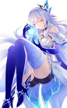 1girl absurdres bare_shoulders blue_gloves breasts closed_eyes closed_mouth commentary_request full_body genshin_impact gloves hair_between_eyes hair_ornament high_heels highres holding knees_up large_breasts long_hair making-of_available purple_hands scene_reference simple_background skirk_(genshin_impact) solo very_long_hair white_background white_hair yuno_kaihara