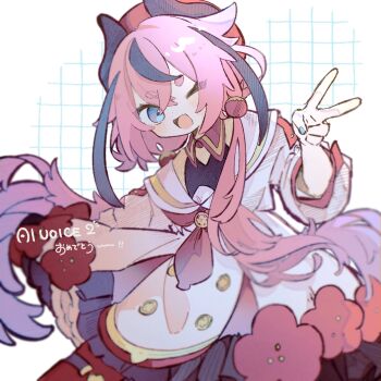 1other a.i._voice bare_shoulders belt beret black_dress black_horns black_streaks blue_eyes blue_hair blue_nails blurry buttons depth_of_field double-breasted double-parted_bangs dress fang floating_clothes flower gradient_hair gradient_necktie grid_background gynoid_talk hand_up hashtag-only_commentary hat headset highres horned_hat horns kokonama layered_dress leaning_to_the_side long_hair low_twintails meika_hime multicolored_hair multicolored_nails nail_polish necktie one_eye_closed open_mouth pantyhose pink_hair pleated_dress plum_blossoms puffy_sleeves red_hat red_nails red_necktie red_pantyhose sailor_collar short_eyebrows sidelocks skin_fang smile solo streaked_hair thick_eyebrows thigh_belt thigh_strap three-quarter_sleeves twintails two-sided_dress two-sided_fabric v very_long_hair white_background white_dress