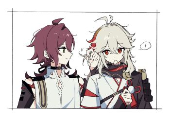 2boys ? antenna_hair armor black_choker black_gloves black_haori black_scarf border choker commentary_request crossed_bangs fingerless_gloves genshin_impact gloves green_eyes hair_between_eyes hair_down hair_intakes hair_tie hair_tie_in_mouth hand_up haori highres japanese_armor japanese_clothes kaedehara_kazuha kimono korean_commentary kote kurokote long_hair looking_at_another looking_to_the_side male_focus mole mole_under_eye mouth_hold multicolored_hair multiple_boys open_clothes pom_pom_(clothes) red_eyes red_hair red_scarf scarf shikanoin_heizou shirt shoulder_armor simple_background single_sode sleeveless sleeveless_shirt smile sode speech_bubble spoken_question_mark streaked_hair tassel ttuyer0 upper_body white_background white_border white_hair white_kimono white_shirt