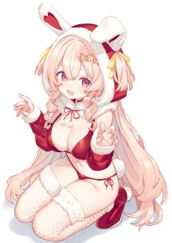 1girl :d absurdres animal_ears bikini blonde_hair breasts choker cleavage commentary commission detached_sleeves double-parted_bangs fang fishnet_thighhighs fishnets full_body hair_between_eyes hair_ribbon hands_up highres hiraga_matsuri hood hood_up large_breasts long_hair long_sleeves looking_at_viewer navel open_mouth original rabbit_ears red_bikini red_choker red_eyes red_shoes ribbon shoes side-tie_bikini_bottom simple_background skeb_commission skin_fang smile solo squatting star-shaped_pupils star_(symbol) stomach strap_gap string_bikini swimsuit symbol-shaped_pupils thighhighs thighs two_side_up very_long_hair white_background white_thighhighs yellow_ribbon