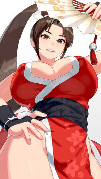 1girl bad_tag bare_hips breasts bridal_gauntlets brown_eyes brown_hair cleavage commentary curtained_hair dougi folding_fan from_below grin groin hand_fan hand_on_own_hip helmet highres holding holding_fan japanese_clothes kimono large_breasts long_hair looking_at_viewer ninja no_bra obi parted_bangs pelvic_curtain ponytail pov red_kimono revision sash shiranui_mai smile solo street_fighter street_fighter_6 teeth thick_thighs thighs very_long_hair yagi2013