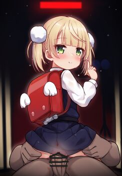 1boy 1girl absurdres anus backpack bag bar_censor blonde_hair blue_dress blunt_bangs blush censored closed_mouth clothed_sex commentary cowgirl_position dress english_commentary from_behind girl_on_top green_eyes hair_ornament hetero highres indie_virtual_youtuber loli long_sleeves looking_at_viewer looking_back luxuriou_s mixed-language_commentary no_panties paid_reward_available penis pinafore_dress pointing pointing_up pom_pom_(clothes) pom_pom_hair_ornament puffy_long_sleeves puffy_sleeves pussy randoseru red_bag sex shigure_ui_(vtuber) shigure_ui_(vtuber)_(young) shirt short_hair sleeveless sleeveless_dress straddling twintails vaginal virtual_youtuber white_shirt x-ray
