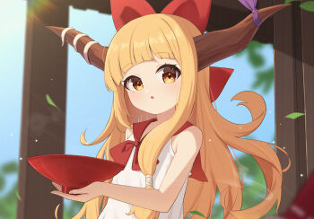 1girl :o absurdres bare_shoulders blush cup curious curly_hair demon_girl demon_horns hand_up highres holding holding_cup horn_ornament horn_ribbon horns ibuki_suika long_hair oeyama oni orange_hair outdoors ribbon sakazuki shirt sleeveless sleeveless_shirt solo standing staring touhou upper_body very_long_hair white_shirt yellow_eyes